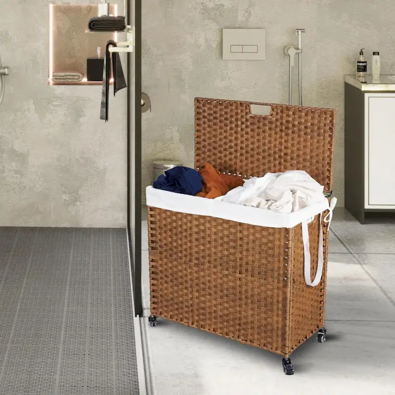 Laundry Hamper With Lid PE Rattan Powder Coating Frame Clothes Hampers with 02 Removable Bags, Wheels, 160L, Grey Color