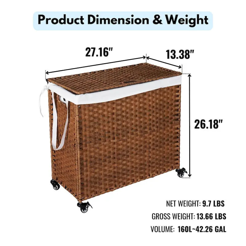 Laundry Hamper With Lid PE Rattan Powder Coating Frame Clothes Hampers with 02 Removable Bags, Wheels, 160L, Grey Color