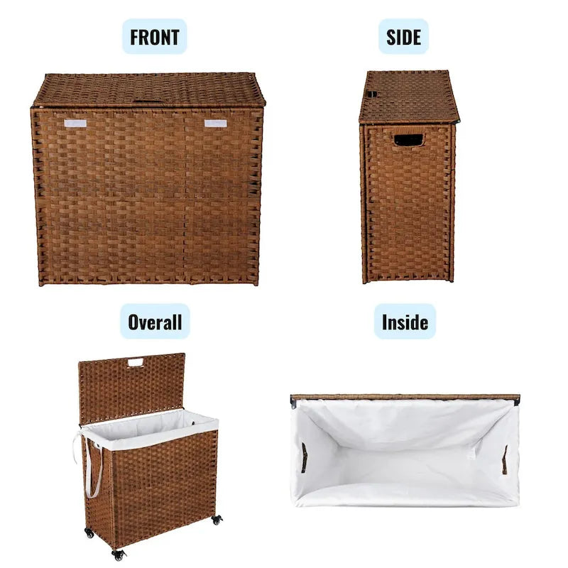 Laundry Hamper With Lid PE Rattan Powder Coating Frame Clothes Hampers with 02 Removable Bags, Wheels, 160L, Grey Color