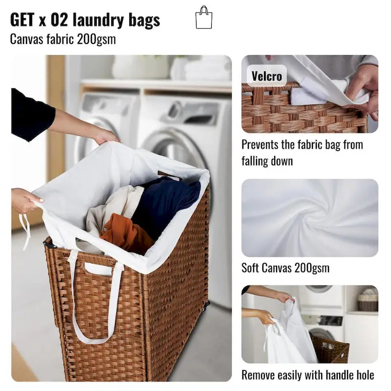 Laundry Hamper With Lid PE Rattan Powder Coating Frame Clothes Hampers with 02 Removable Bags, Wheels, 160L, Grey Color