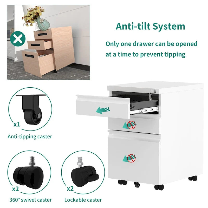 Modern 2/3-Drawer Locking Rolling Wheeled Steel File Cabinet
