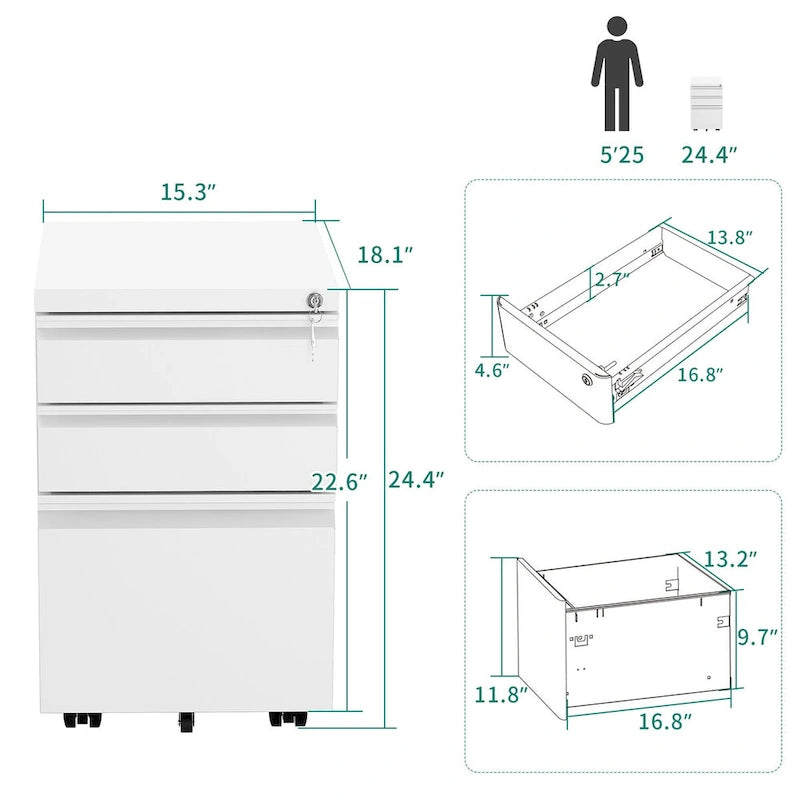 Modern 2/3-Drawer Locking Rolling Wheeled Steel File Cabinet