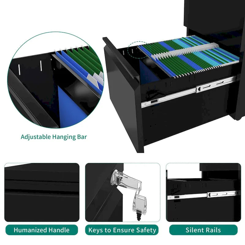 Modern 2/3-Drawer Locking Rolling Wheeled Steel File Cabinet
