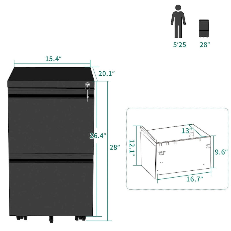 Modern 2/3-Drawer Locking Rolling Wheeled Steel File Cabinet