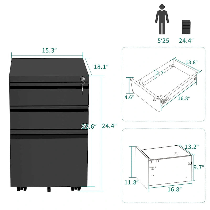 Modern 2/3-Drawer Locking Rolling Wheeled Steel File Cabinet