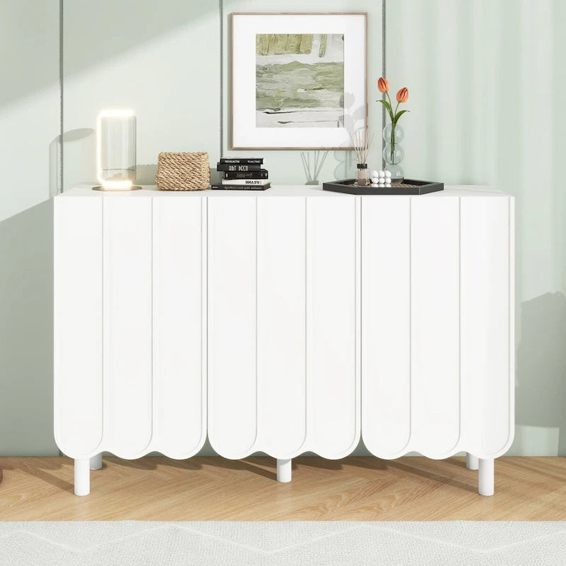 Cream Style Minimalist Shoe Cabinet with 5 Solid Wood Legs, Sideboard Buffet Cabinet with Adjustable Shelves, Wave Doors