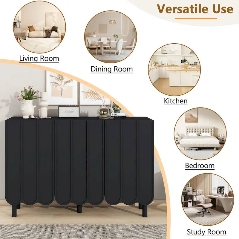 Cream Style Minimalist Shoe Cabinet with 5 Solid Wood Legs, Sideboard Buffet Cabinet with Adjustable Shelves, Wave Doors
