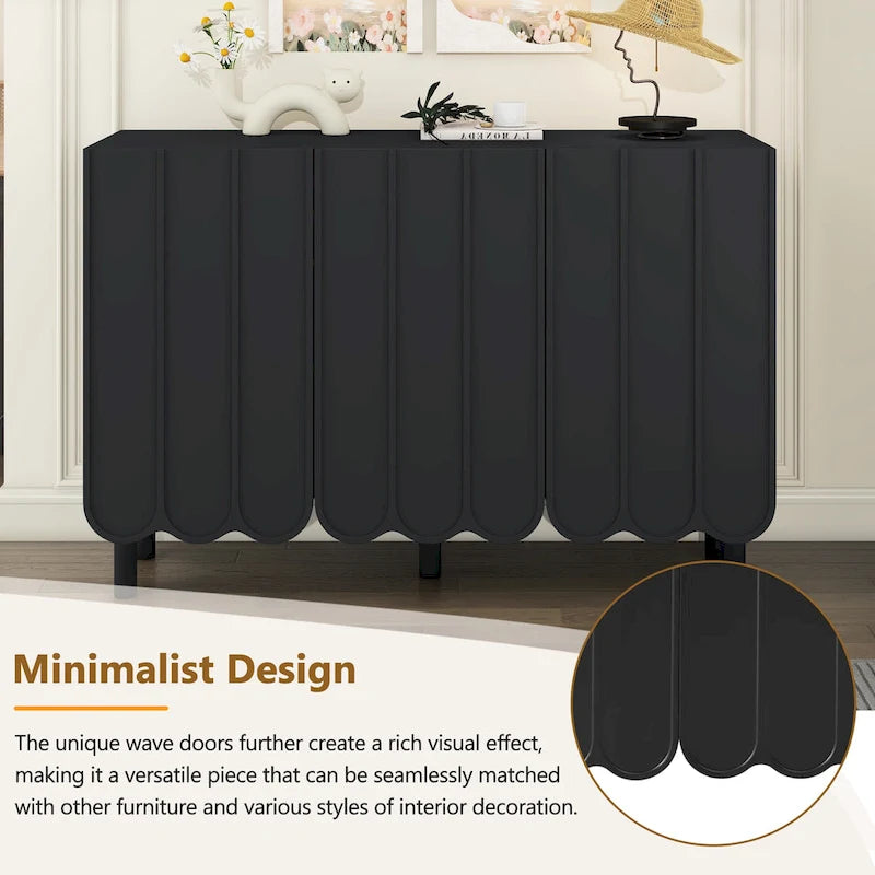 Cream Style Minimalist Shoe Cabinet with 5 Solid Wood Legs, Sideboard Buffet Cabinet with Adjustable Shelves, Wave Doors