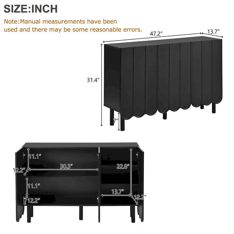 Cream Style Minimalist Shoe Cabinet with 5 Solid Wood Legs, Sideboard Buffet Cabinet with Adjustable Shelves, Wave Doors