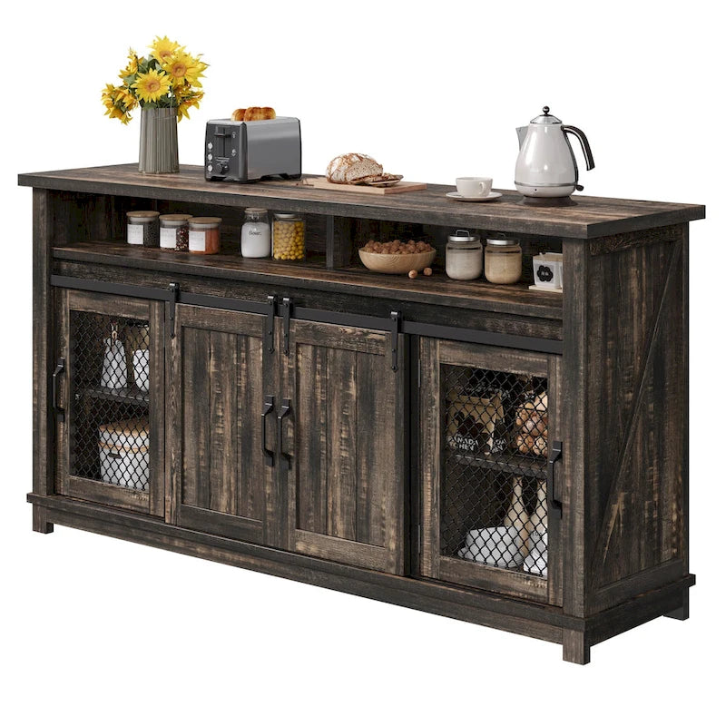 Moasis 63 W Farmhouse Sideboard Buffet Cabinet with 2 Sliding Barn Doors & 2 Visual Grid Doors