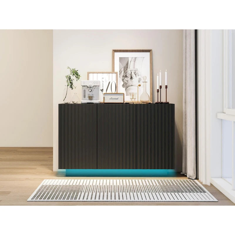 LED Carved Line 3 Door Storage Cabinet,Sideboard Buffet Cabinet With Adjustable Shelf,Large Storage Accent Cabinet