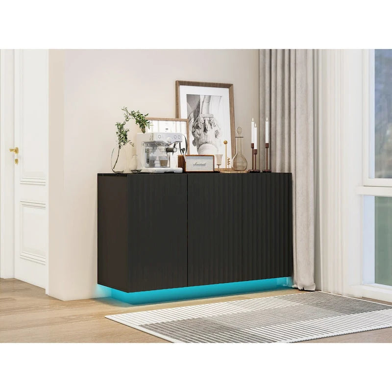 LED Carved Line 3 Door Storage Cabinet,Sideboard Buffet Cabinet With Adjustable Shelf,Large Storage Accent Cabinet